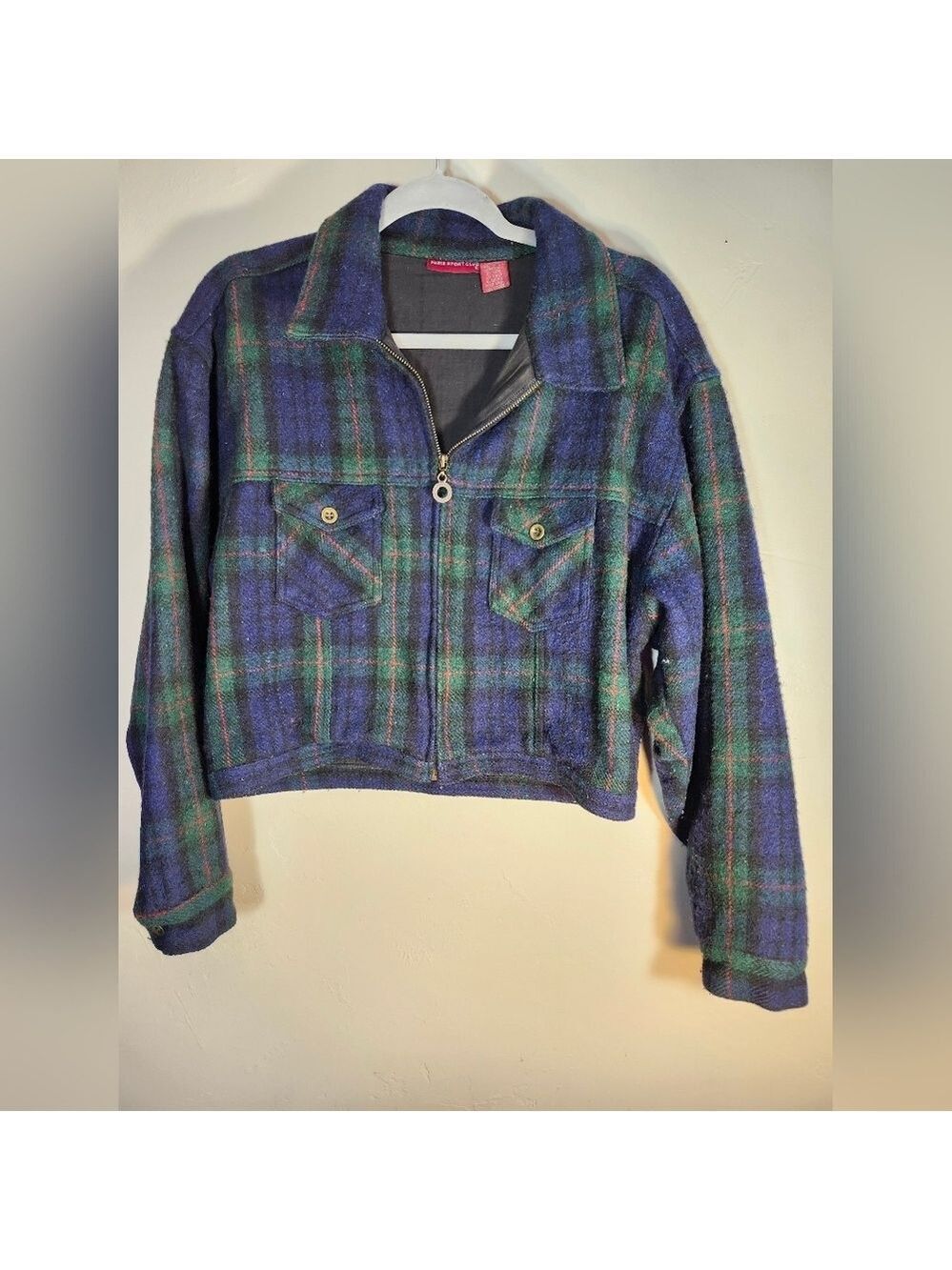 Paris Sports Club Vtg 90's Wool Blend Lined Plaid Cropped Jacket Sz L